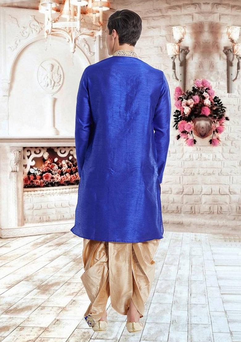 Blue Embroidered Art Silk Kurta Set For Men
