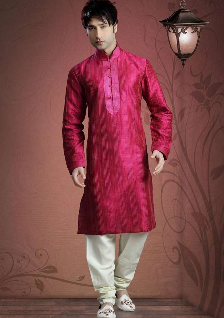Pink Embroidered Art Silk Blend Kurta Set For Men - Indya
