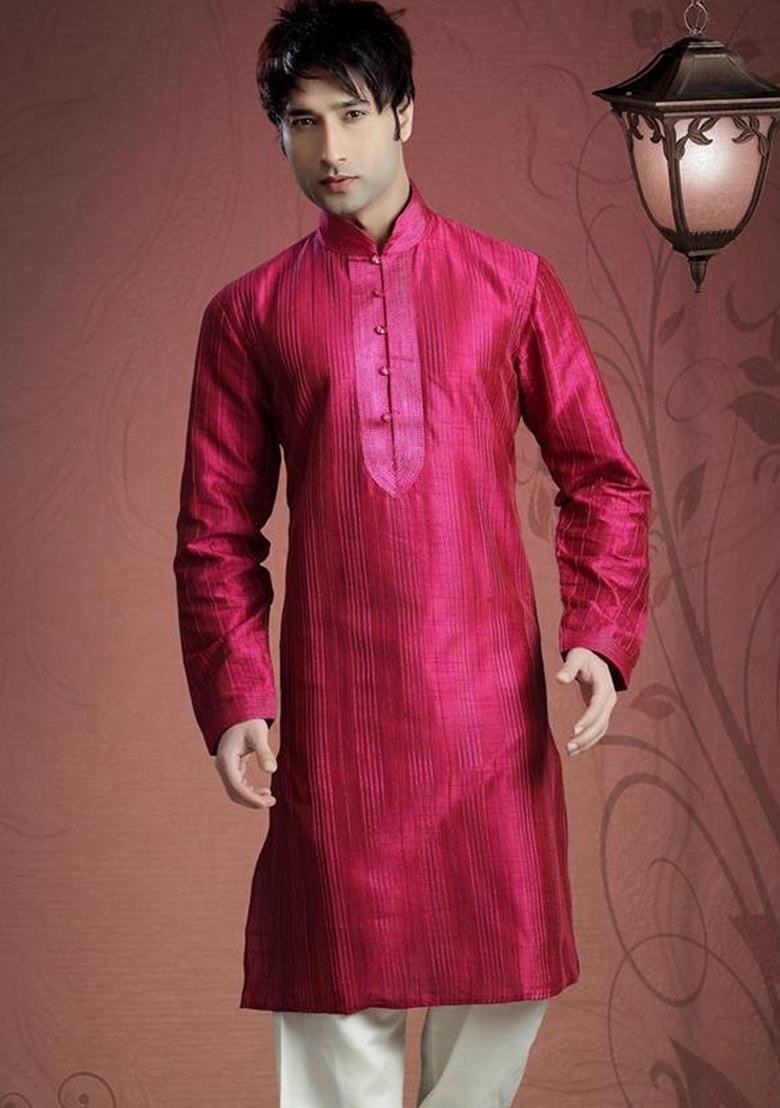 Pink Embroidered Art Silk Kurta Set For Men