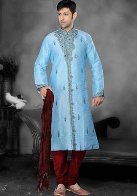 Firoji Blue Embroidered Art Silk Kurta Set For Men