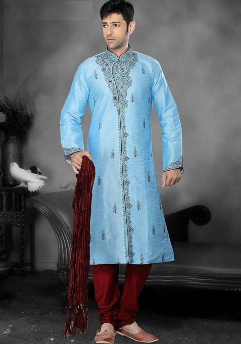 Firoji Blue Embroidered Art Silk Kurta Set For Men
