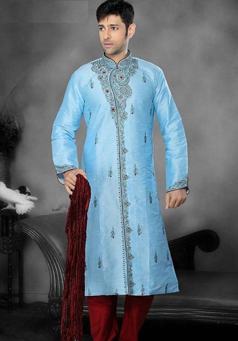 Firoji Blue Embroidered Art Silk Kurta Set For Men