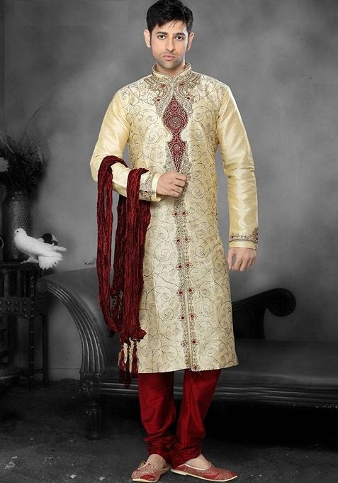 Fawn Orange Embroidered Art Silk Indo Western Sherwani Set For Men — view on Indya