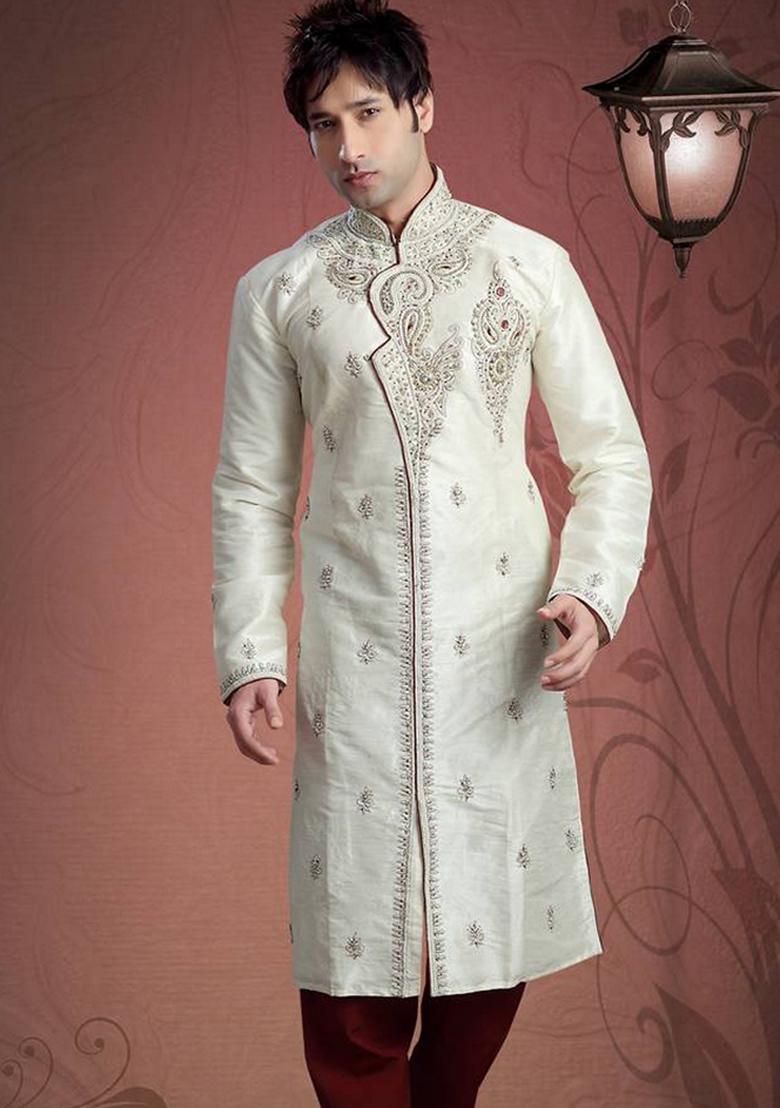 Cream Embroidered Art Silk Indo Western Sherwani Set For Men