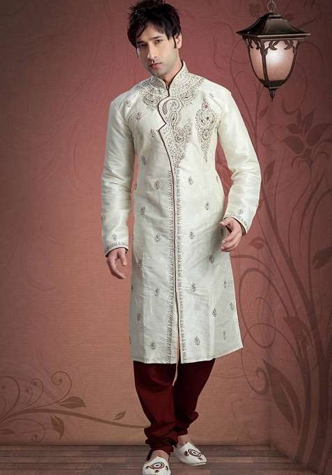 Cream Embroidered Art Silk Indo Western Sherwani Set For Men