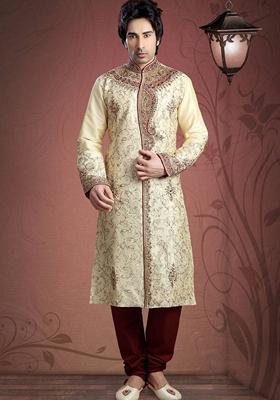 Fawn Orange Embroidered Art Silk Indo Western Sherwani Set For Men