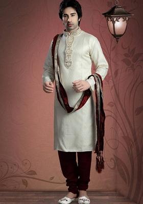 Cream Embroidered Art Silk Kurta Set For Men