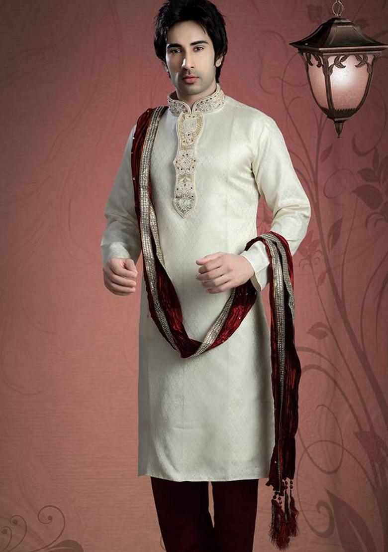 Cream Embroidered Art Silk Kurta Set For Men