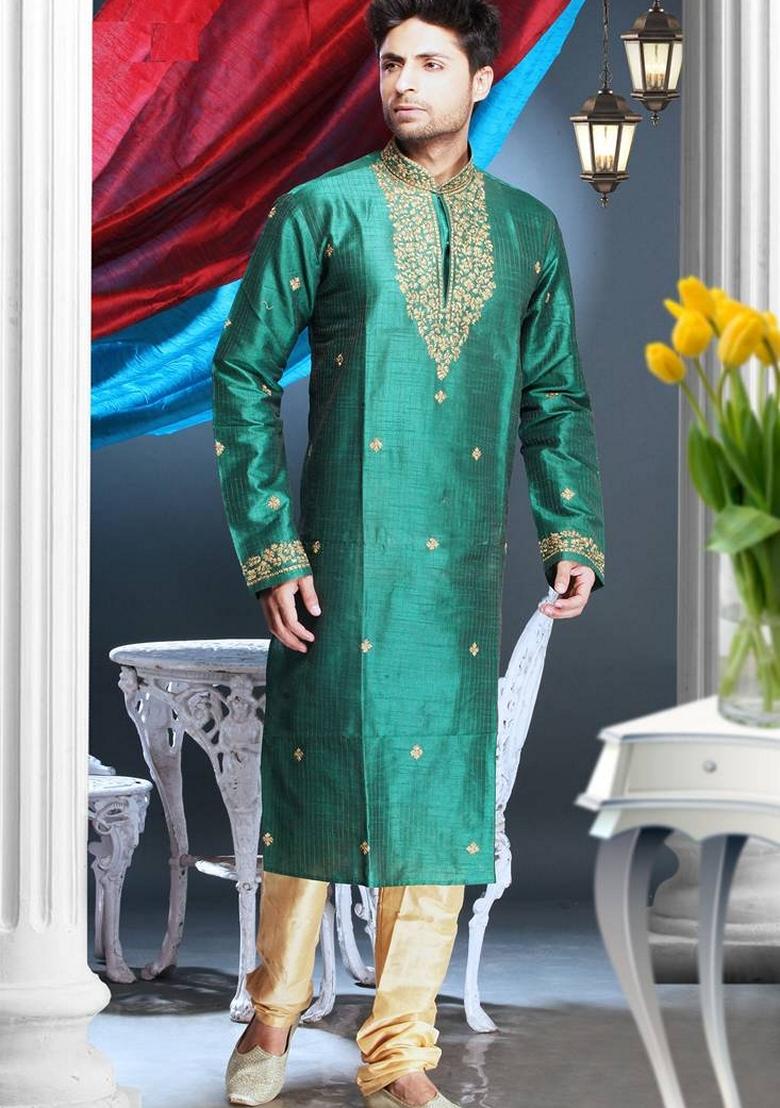 Green Embroidered Art Silk Kurta Set For Men