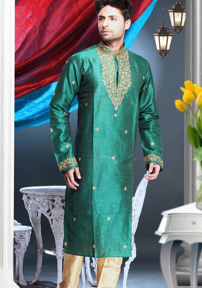 Green Embroidered Art Silk Kurta Set For Men