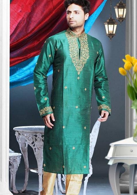 Green Embroidered Art Silk Kurta Set For Men