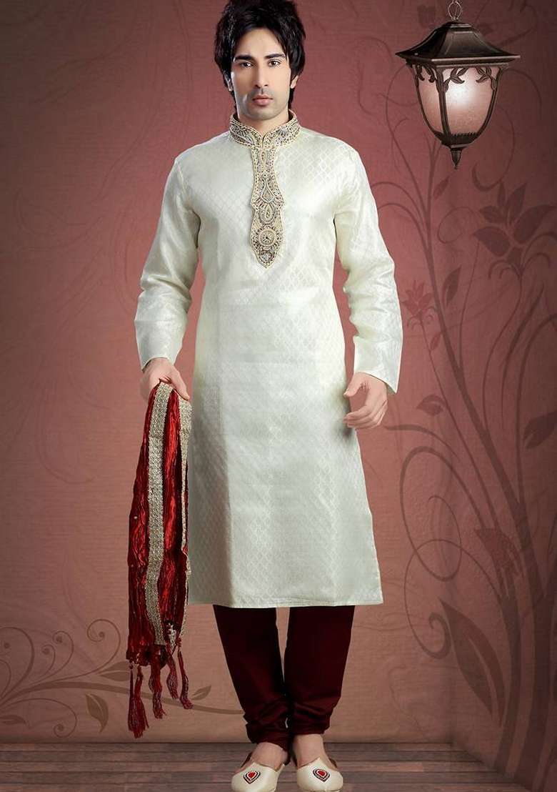 Cream Embroidered Art Silk Kurta Set For Men - Indya