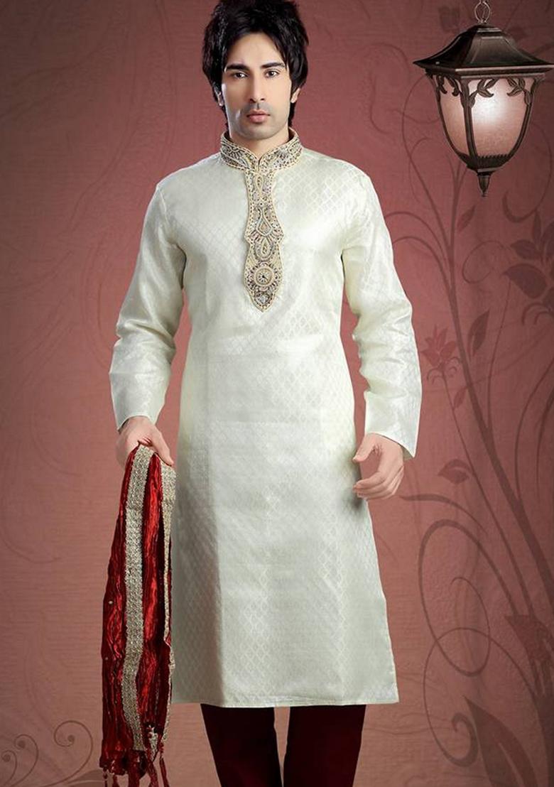 Cream Embroidered Art Silk Kurta Set For Men