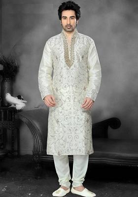 Cream Embroidered Art Silk Kurta Set For Men