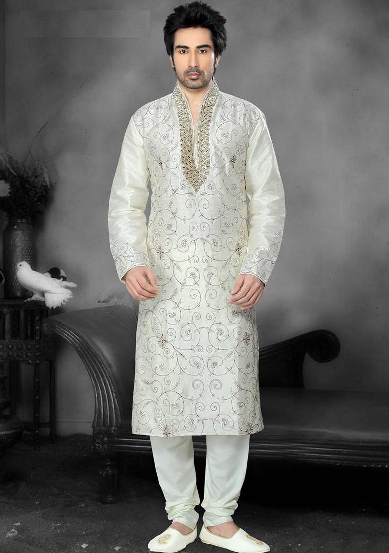 Cream Embroidered Art Silk Kurta Set For Men