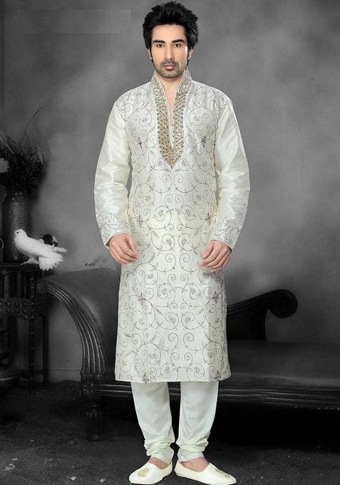 Cream Embroidered Art Silk Kurta Set For Men