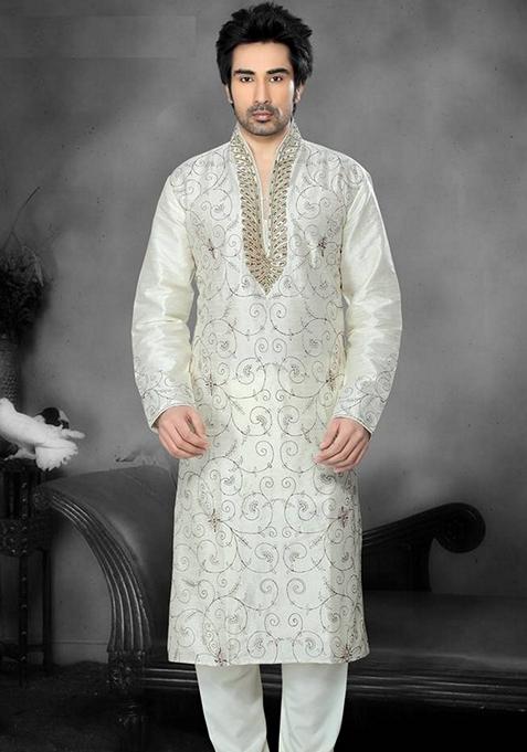 Cream Embroidered Art Silk Kurta Set For Men