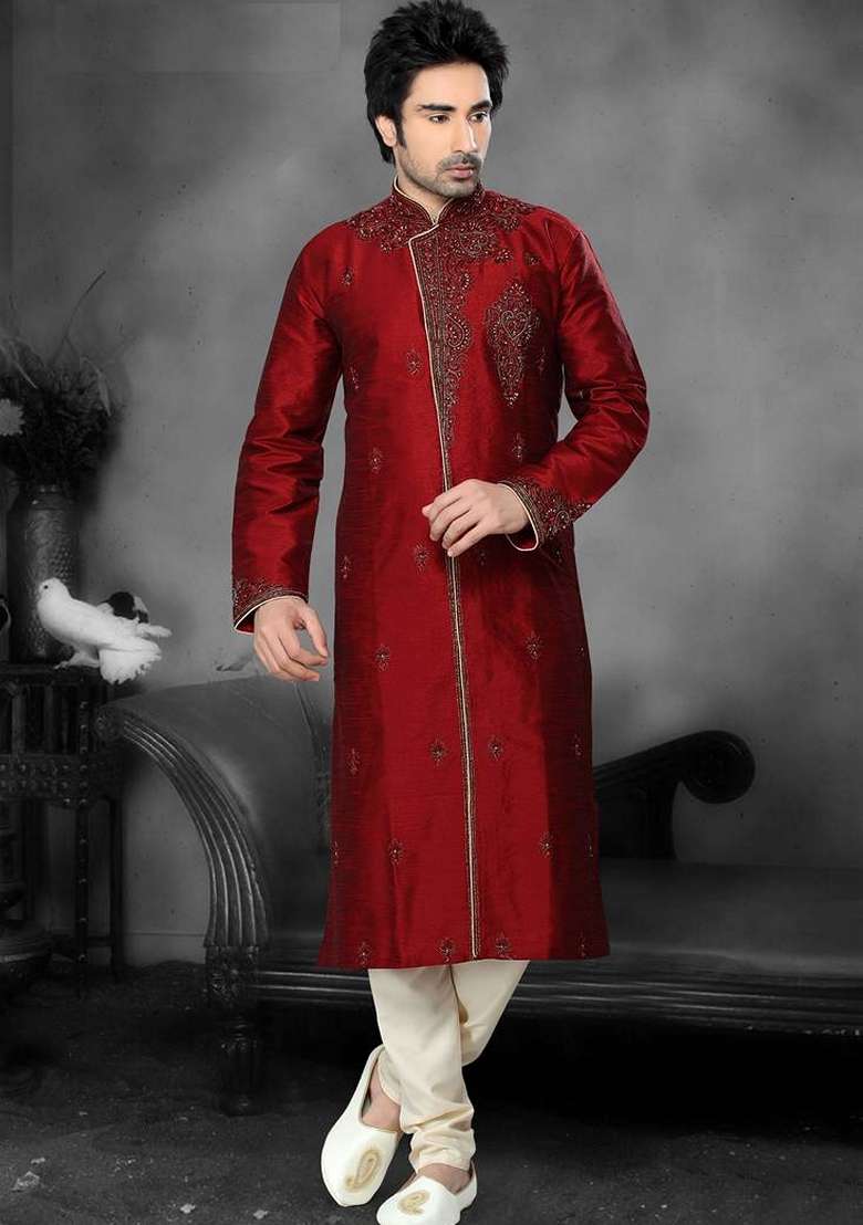Maroon Embroidered Art Silk Kurta Set For Men - Indya