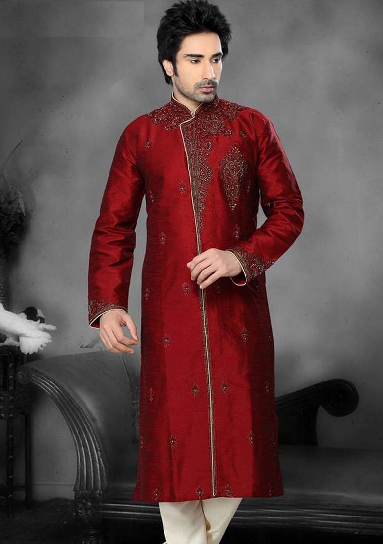 Maroon Embroidered Art Silk Kurta Set For Men