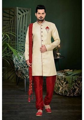 Fawn Orange Embroidered Brocade Silk Indo Western Sherwani Set For Men