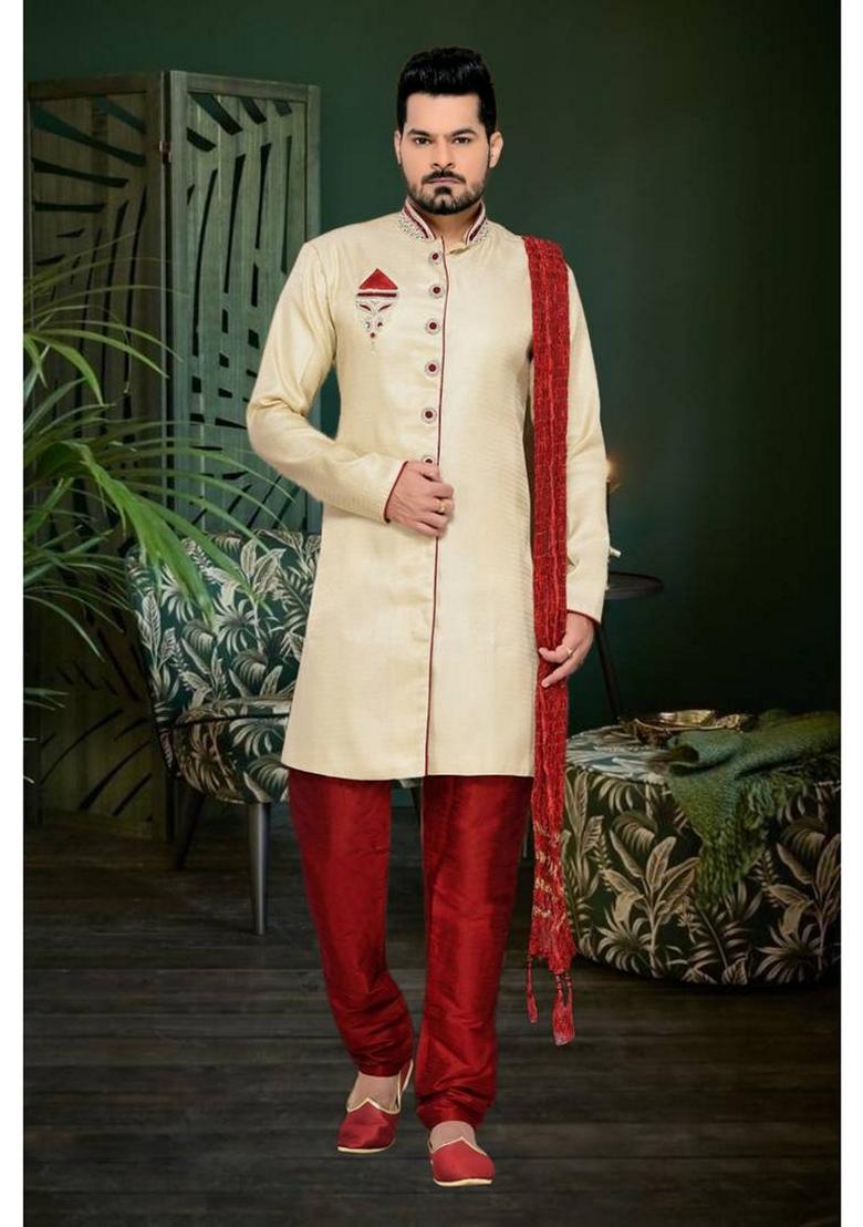 Fawn Orange Embroidered Brocade Silk Indo Western Sherwani Set For Men
