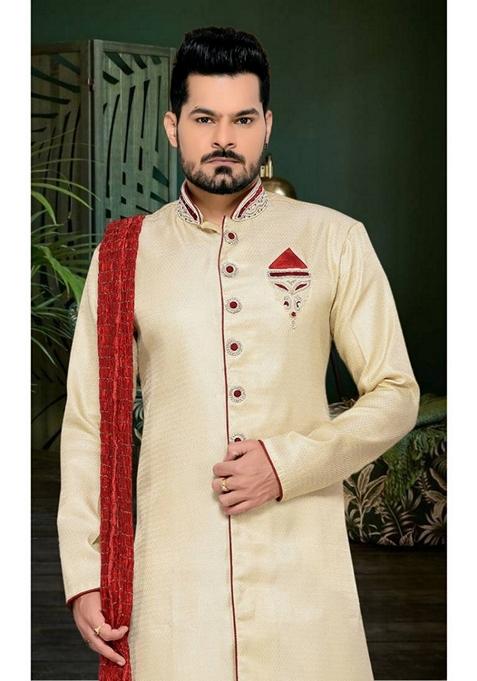 Fawn Orange Embroidered Brocade Silk Indo Western Sherwani Set For Men