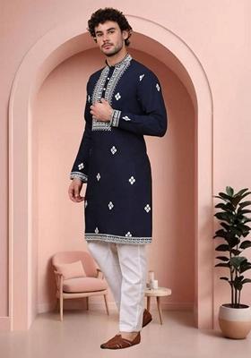 Navy Blue Embroidered Art Silk Kurta Set For Men