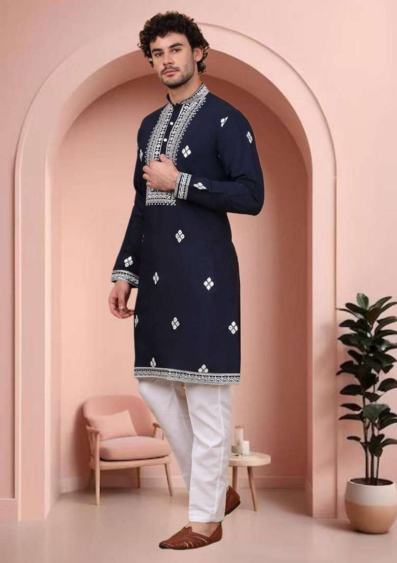 Navy Blue Embroidered Art Silk Blend Kurta Set For Men - Indya