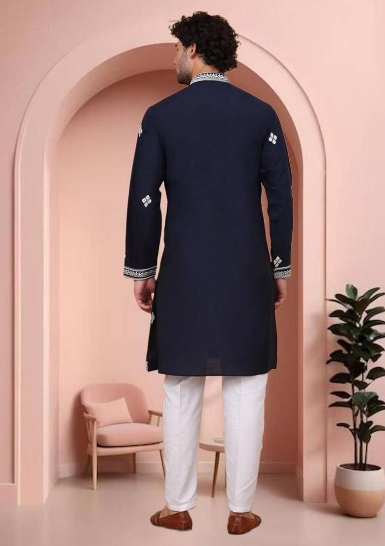 Navy Blue Embroidered Art Silk Kurta Set For Men