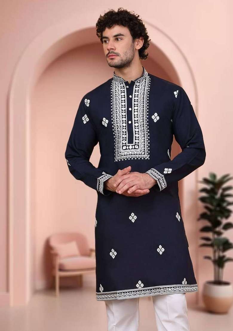 Navy Blue Embroidered Art Silk Blend Kurta Set For Men - Indya