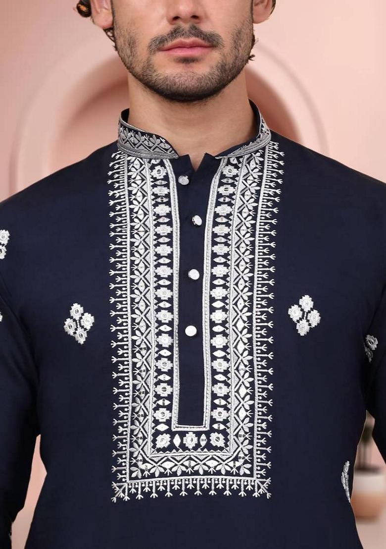 Navy Blue Embroidered Art Silk Kurta Set For Men