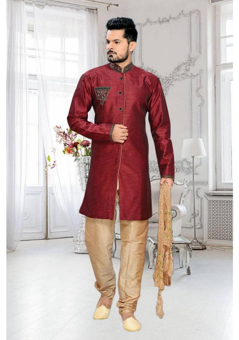 Maroon Embroidered Art Silk Indo Western Sherwani Set For Men