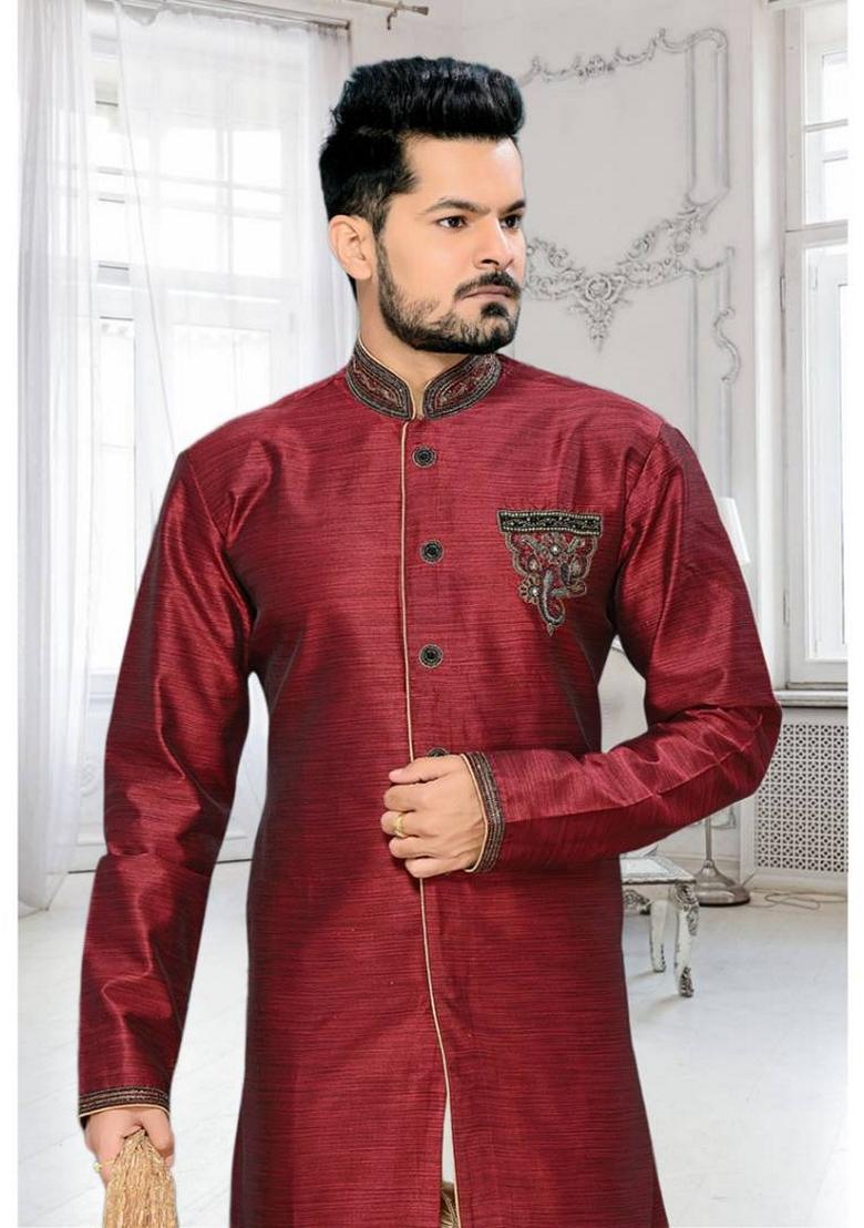 Maroon Embroidered Art Silk Indo Western Sherwani Set For Men