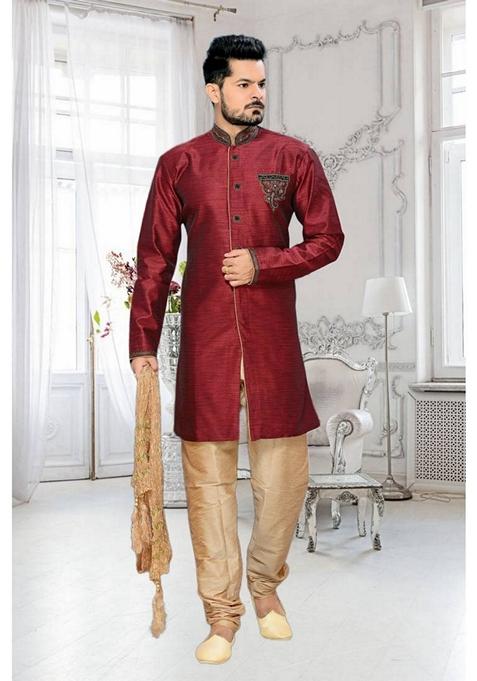Maroon Embroidered Art Silk Indo Western Sherwani Set For Men