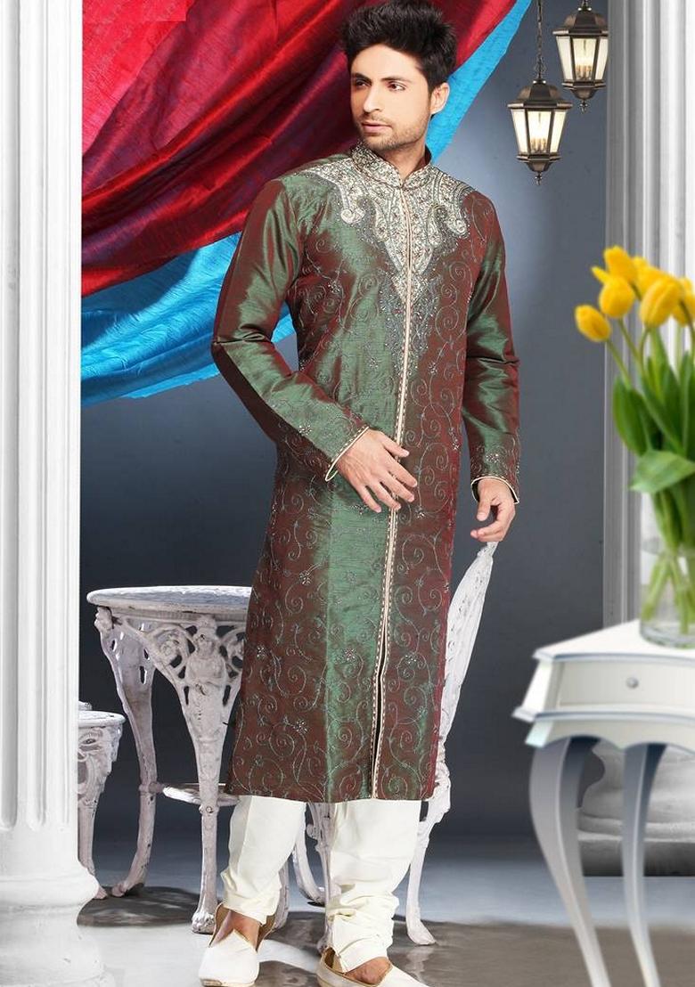 Green Embroidered Art Silk Kurta Set For Men