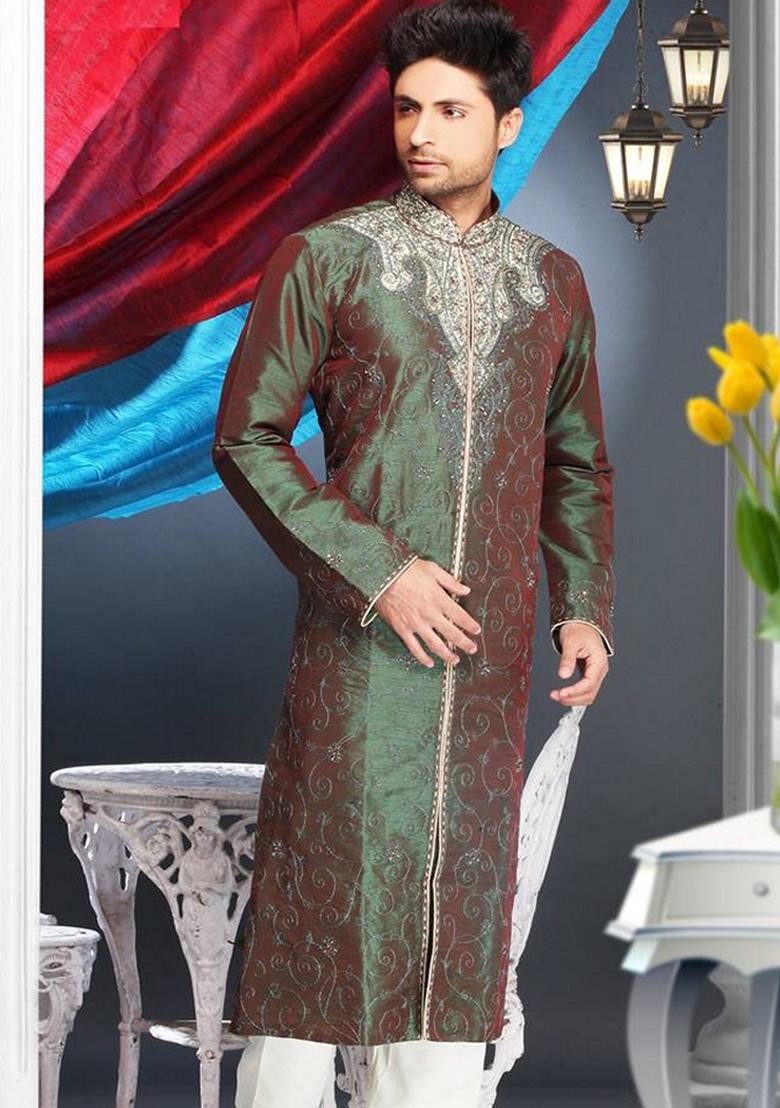 Green Embroidered Art Silk Kurta Set For Men