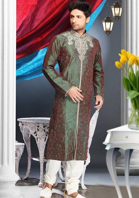 Green Embroidered Art Silk Kurta Set For Men