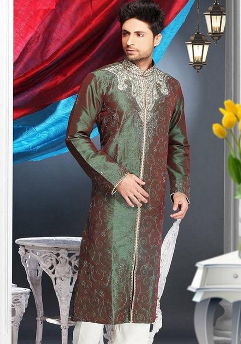 Green Embroidered Art Silk Kurta Set For Men