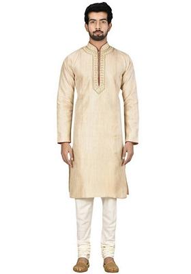 Fawn Orange Embroidered Art Silk Kurta Set For Men