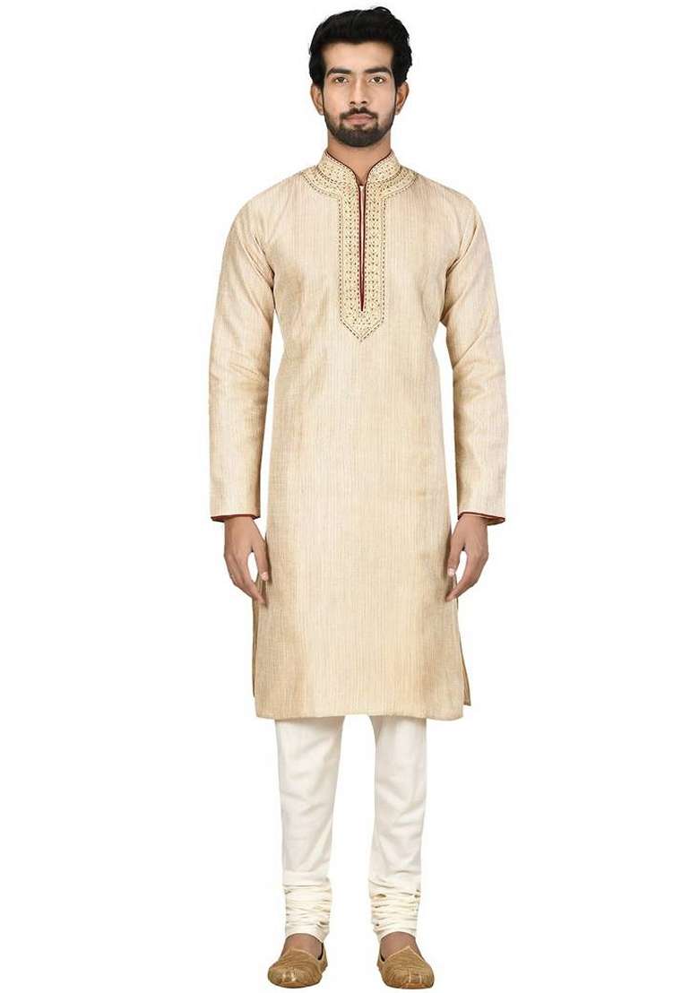 Fawn Orange Embroidered Art Silk Blend Kurta Set For Men - Indya