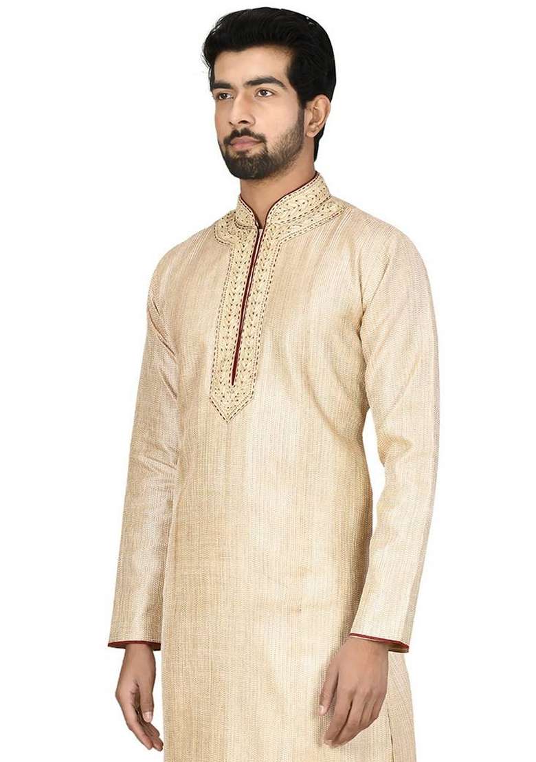 Fawn Orange Embroidered Art Silk Blend Kurta Set For Men - Indya