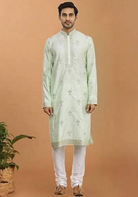 Pista Green Embroidered Art Silk Kurta Set For Men