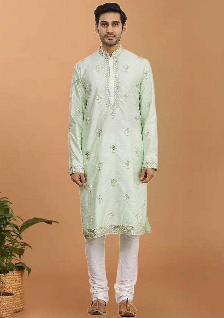 Pista Green Embroidered Art Silk Kurta Set For Men
