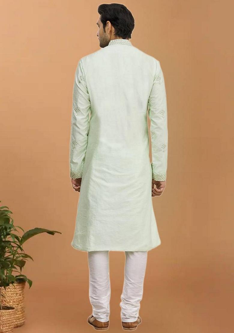 Pista Green Embroidered Art Silk Kurta Set For Men