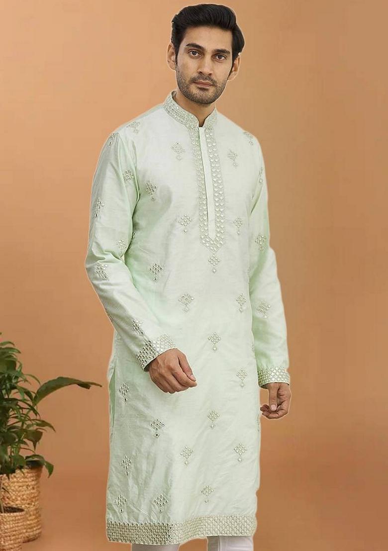 Pista Green Embroidered Art Silk Kurta Set For Men