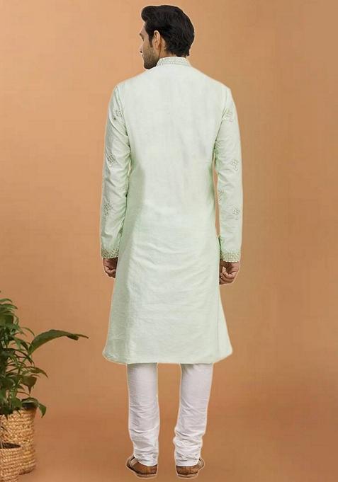 Pista Green Embroidered Art Silk Kurta Set For Men