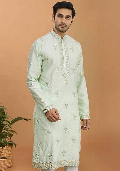 Pista Green Embroidered Art Silk Kurta Set For Men