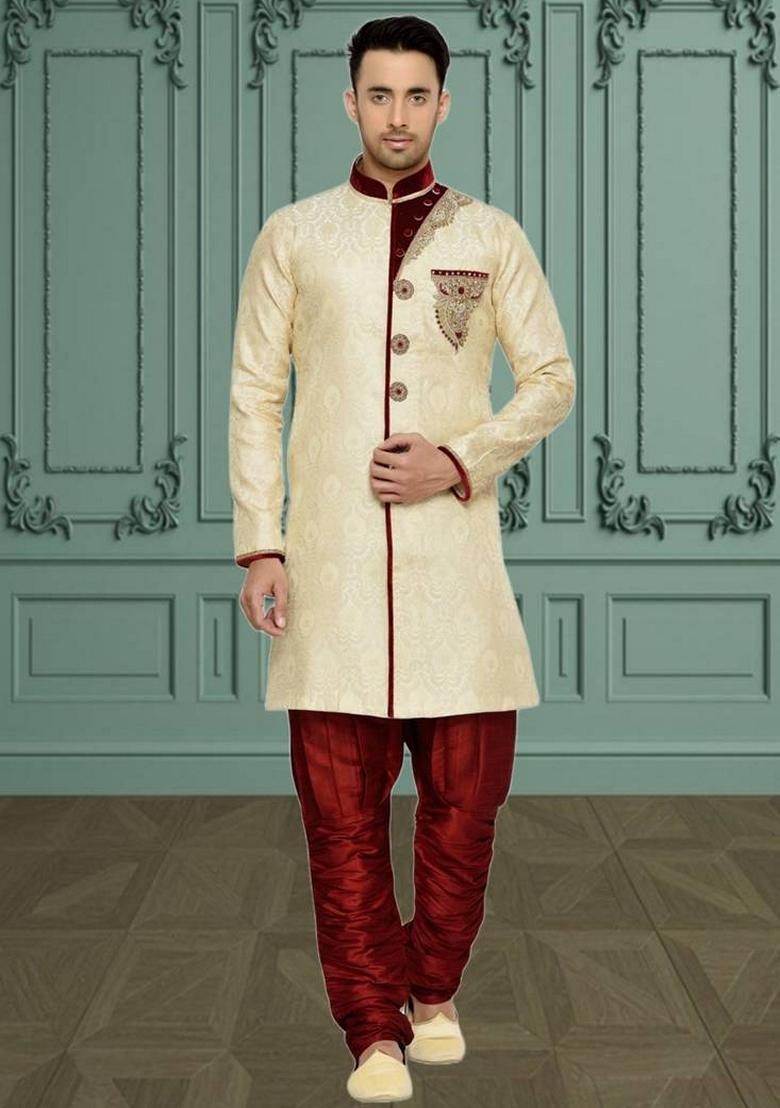 Fawn Orange Embroidered Brocade Silk Indo Western Sherwani Set For Men