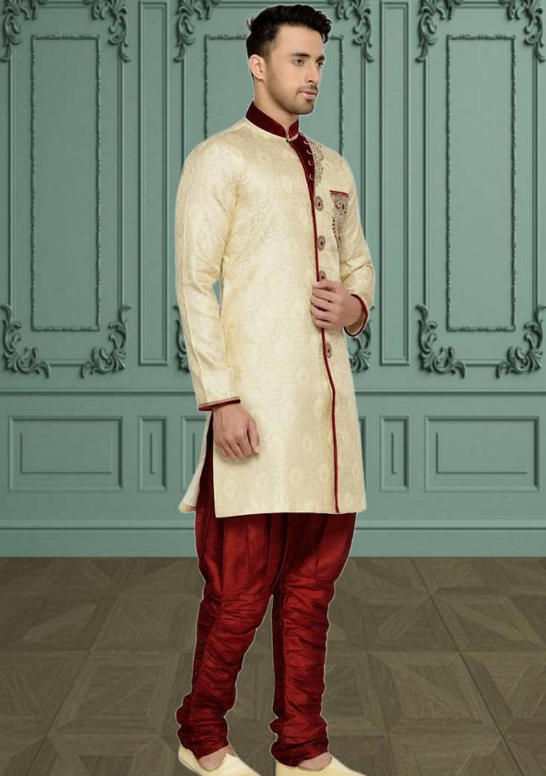 Fawn Orange Embroidered Brocade Silk Indo Western Sherwani Set For Men