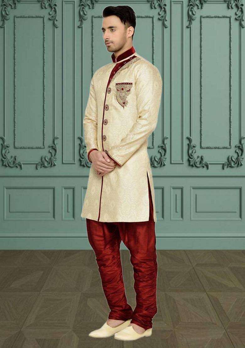Fawn Orange Embroidered Brocade Silk Indo Western Sherwani Set For Men